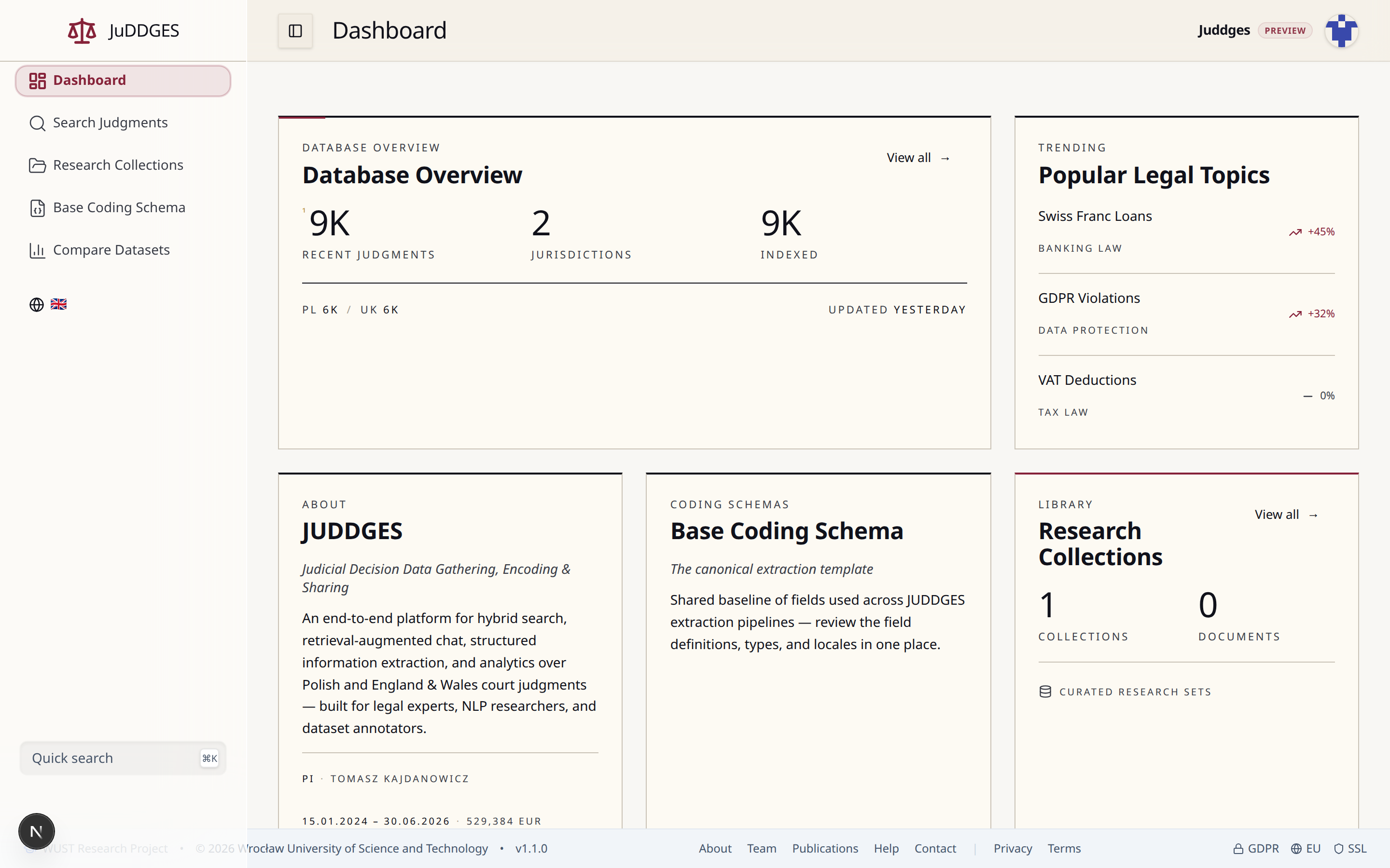 JUDDGES sidebar with Dashboard, Search Judgments, Research Collections, Base Coding Schema, and Compare Datasets items visible.