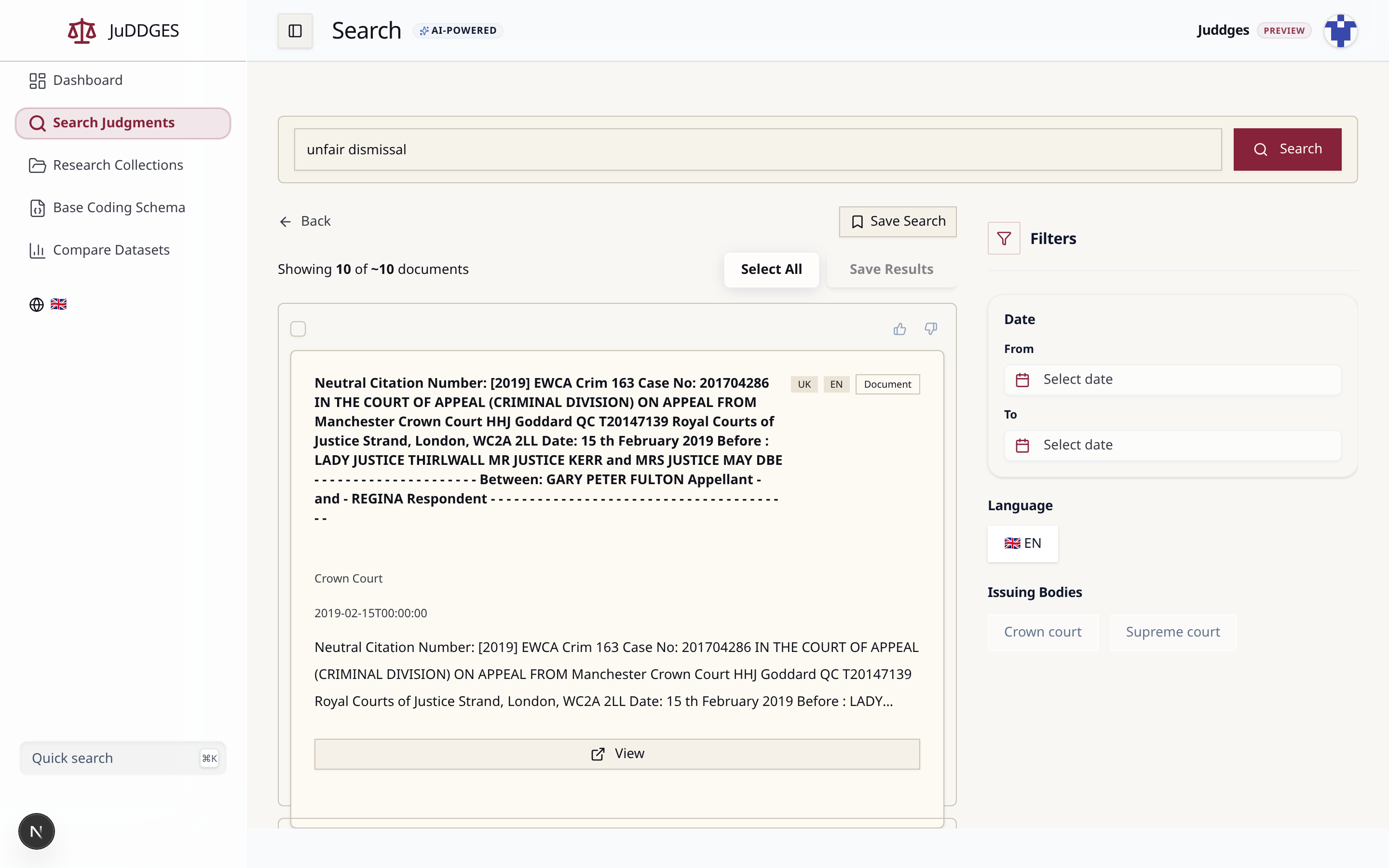 Search results for the query "unfair dismissal", showing a UK Court of Appeal judgment with jurisdiction and document-type badges, and the right-hand filters panel for date, language, and issuing body.