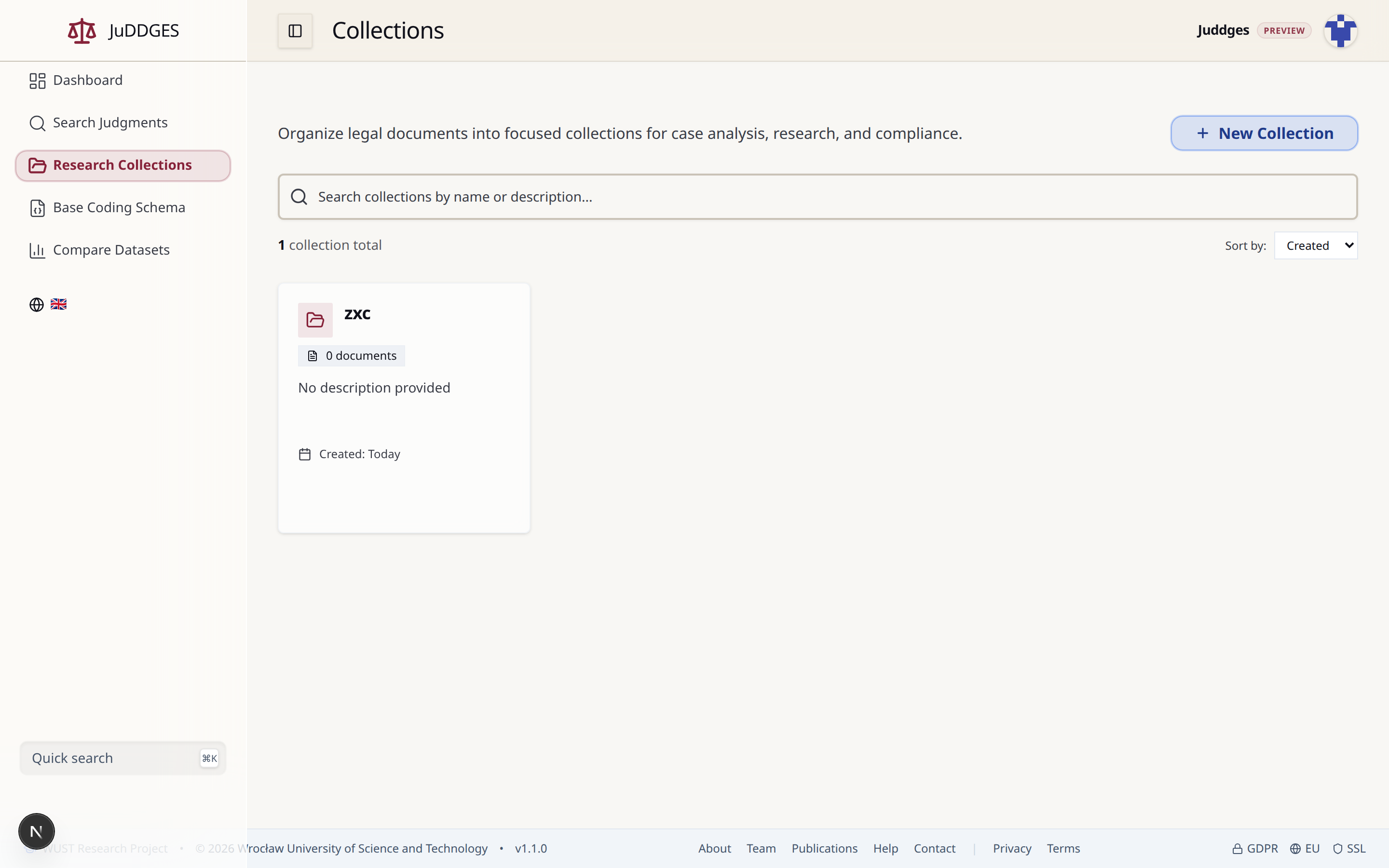 Collections list page showing the heading, search box, sort dropdown, an existing collection card with 0 documents, and the + New Collection button in the top right.